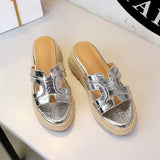 Spring 2025 Women's Slippers Hollow Out Strap Waterproof Thick Heel Woven Rope Country Style Slip-On Shoes Polyurethane Material