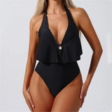 S - XL Deep V Neck Halter Backless One Piece Swimsuit Women Swimwear Female High Cut Leg Monokini Bather Bathing Suit Swim K7444
