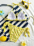Women Cute Bikini Set 2025 New Summer Orange Floral Print Halter Ruffles Push Up Tie Side Thong Swimsuit Bathing Suit