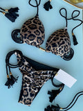 2026 Sexy Leopard Print Swimwear Women'S Split Bikini Set Woven Rope Strap Fringe Beach Women'S Two-Piece Swimsuit Bathing Suit