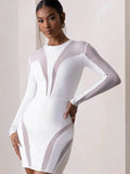 Ahagaga Fashion Mesh Patchwork Sexy Mini Dresses Women Streetwear Regular Casual O-neck Slim Skinny Vestidos Robes Full Sleeve