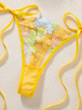 Women Yellow Floral Embroidery Lingerie Set Bow Tie Side Sheer Mesh Bra And Thong 2‑Pieces Intimate Underwear ZA825291