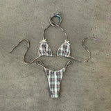 New 2026 Women's Micro Bikini Set Plaid Print Neck Lace-up Backless Biquini Beachwear Sexy Push Up Thong Low Waist  Bathing Suit