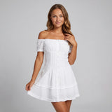 Women Summer White Dress Trim Off Shoulder Short Sleeve Button-up A-line Mini Dresses for Daily Office Party