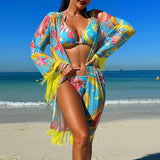 Three Pieces Bikini Set Cover Up Swimwear High Waisted Bikini Set Women's Swimwear Print For Female Bath Suit Tropical 2024