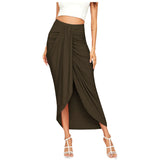 Women's High Waisted Ruched Maxi Skirt Pleated Solid Asymmetrical Split Hem Long Skirt Casual Draped Wrap Bodycon Summer Skirts