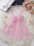 Women Mesh Nightdress Bow Pink Dress With Thong Underwear Valentine Day Gift