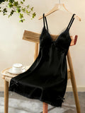 Women Satin Nightdress Lace Trim Slip Dress Spaghetti Strap Silky Nightgown Elegant Sleepwear Home Lingerie