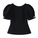 Women's Fashion Casual Bowknot Faux Pearl Puff Sleeve Black Puff Sleeve Bow Detail Peplum Waist Short Sleeve Top For Women Q2Y3