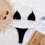 2026 Sexy Bikini Women Swimwear Swimsuit Black Triangle Hollow Halter Knotted Beach Bikinis Set Bathing Suit Metal Ring Decor