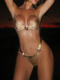 2026 Summer Women's Swimsuit Sexy Backless Neck Hanging Swimwear Sequins Metal Decor Bikini Set Low Waist Bathing Suit Beachwear