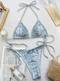 Denim Printed Halter Strappy High Cut Bikini Female Swimsuit Women Swimwear Two-pieces Bikini Set Bather Bathing Suit Swim Lady