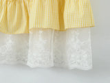 Foridol Gingham Printed Yellow Women Summer Dress Set Lace Top+skirt Sets Vintage French Style Midi Dress Oufits Plaid Vestidos