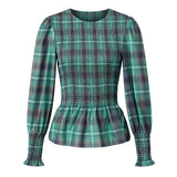 Women T-shirt Elegant Long Sleeve Crew Neck Pleated Ladies Vintage Plaid Print Tops Spring Fall Streetwear