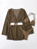 4PCS with Mesh Sarong Cover Up Long Sleeve Bikini Female Swimsuit Women Swimwear Four-pieces Bikini Bathing Suit Swim Beachwear