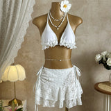 With Skirt Ruffled Frilled Halter Bikini Female Swimsuit Women Swimwear Three-pieces Bikini set Bather Bathing Suit Swim V7788