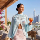 Women's Spring Summer Solid Color Sheer Blouse Glitter Long Sleeve Mock Neck Open Front Tops Streetwear