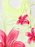 Sexy Yellow Floral Print Mesh Dress 3 Piece Swimsuit 2026 Women Shell Push Up Bra Thong Bikini Holiday Bathing Suit Swimwear