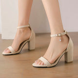 Beige Suede Ankle Strap Block Heel Sandals for Women, Round Open Toe with Rhinestone Accent, Multiple Colors Available