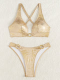 Golden Sparkling Halter Rings Bikini Female Swimsuit Women Swimwear Two-pieces Bikini Set Brazilian Bathing Suit Swim Beachwear