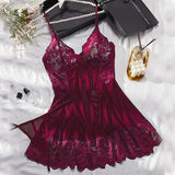 Transparent Lace Nightgown Sexy Sleepwear Female Exquisite Homewear V-neck Bra Thong Set Sleeveless Nightdress Hot Tulle Dress