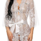 Romantic Lace Robe Set Women Sheer Floral Babydoll Lingerie Nightwear Belt Elegant Bridal Boudoir Sleepwear Mesh Nightgown