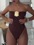 2026 Sexy Metal Buckle Women Bandeau Swimwear One Piece Swimsuit Female Monokini Bather High Leg Cut Bathing Suit Swim Beachwear