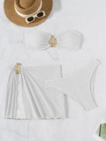With Skirt Wrinkled Bandeau Bikini Female Swimsuit Women Swimwear Three-pieces Bikini Set Metal Ring Bathing Suit Swim Beachwear