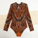 2025 Sexy Women's Retro Print Scoop Neck Padded Long Sleeve One Piece Swimsuits High Cut Bathing Suits Swimwear Bodysuit