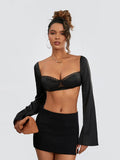 Women Long Sleeve Crop Tops Mesh Lace Trim Sweetheart Neckline Tie-Up Backless T-Shirts Spring Fall Slim Fit Shirts Streetwear