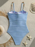 Wrinkled Shell Underwired Beads Women Swimwear One Piece Swimsuit Female High Leg Cut Monokini Bather Bathing Suit Swim Bodysuit