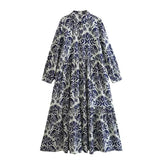 Foridol Blue Flower Print Vintage Casual Shirt Dress Women 2025 Single Breasted Loose Boho Maxi Long Vestidos Dresses Fashion