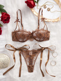 Lady Floral Embroidery Lingerie Set Women Sheer Bra and Brief Underwear Set Satin Sexy Intimates Underwear