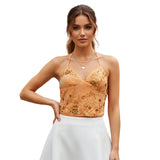 Women Backless Sequined Flower Summer Vest Beaded Halter Top Tie-up Sleeveless Camis Tops for Club Party