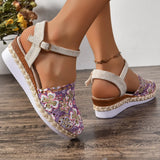 Hollow Fabric Roman Shoes Summer Travel Round Head Wedge Toe Fashion Sandals Comfortable Thick-sole Women's Shoes 2026
