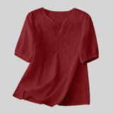 Women Summer Loose Embroidered V Neck Solid Color Short Sleeved Comfortable Button Down Shirt Top женская одежда