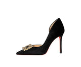 Women 10cm Super High Heels Pointed Toe Side Hollow Work Pumps Metal Crystal Buckle Velvet Stiletto Fashion Banquet Lady Shoes