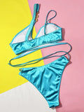 Asymmetrical Satin One Shoulder Bikini Female Swimsuit Women Swimwear Two-pieces Bikini Set Metal Chains Bathing Suit Swim Lady