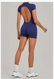 Half-zipper Slimming Yoga Jumpsuit Women Hollow Out Backless Sports One Piece Suits Short Sleeve Butt Lifting Tight Overalls