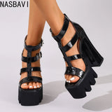Fashion Roma Style Women Ankle Gladiator Sandals 14cm Heel Platform Buckle Straps Large Size 34- 41 42 43 Dating Shoes Summer