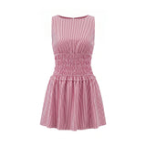 2026 Summer Women's Sleeveless Short Dress Stripe Print Boat Neck Waist-Cinching Slim Fit Dress Holiday Daily Casual Streetwear