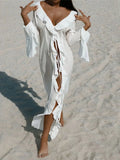 New Sexy V Neck Ruffled Long Sleeve Chiffon Tunic Beach Cover Up Cover-ups Beach Dress Beach Wear Beachwear Female Women V5976
