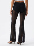 Fashion Women's Flared Pants Elastic High Waist Sheer Mesh Bell Bottoms Trousers Sexy Club Party Summer Streetwear
