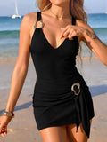 Vintage Coffee Black Skirt One Piece Swimsuit 2026 Women Metal Chain Strap V Neck Tummy Control Bathing Suit Holiday Swimwear