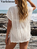 2026 New Short Sleeve V Neck Crochet Knitted Tunic Beach Cover Up Cover-ups Beach Dress Beach Wear Beachwear Female Women V8211
