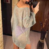Long Sleeve Hollow Out Top Crochet Knitted Tunic Beach Cover Up Cover-ups Beach Dress Beach Wear Beachwear Female Women V4250