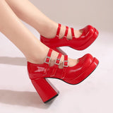 Plus Size Women Red Patent Leather Platform Mary Jane Shoes 3 Rhinestone Buckle Straps Chunky Block  Y2K Lolita Party Pumps