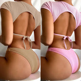 Sexy Bikini Women 2-Piece Swimwear Swimsuit Backless Solid Short Sleeve Female Beach Bikinis Set Bathing Suit Banadores Mujer