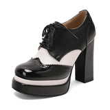 Bright Patent Leather Patchwork White PU Lace Up High Heels with Breathable Lining, Wavy and Serrated Patterns, Sweet Pumps