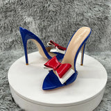blue patent leather Pointy Toe  Sandals With  Bow Women Summer Casual Thin High Heel Shoes Female Outfit Evening Cross Strap Mul
